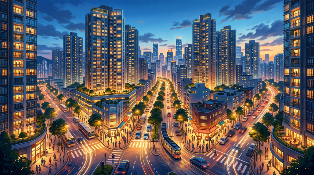 Lively city district at blue hour