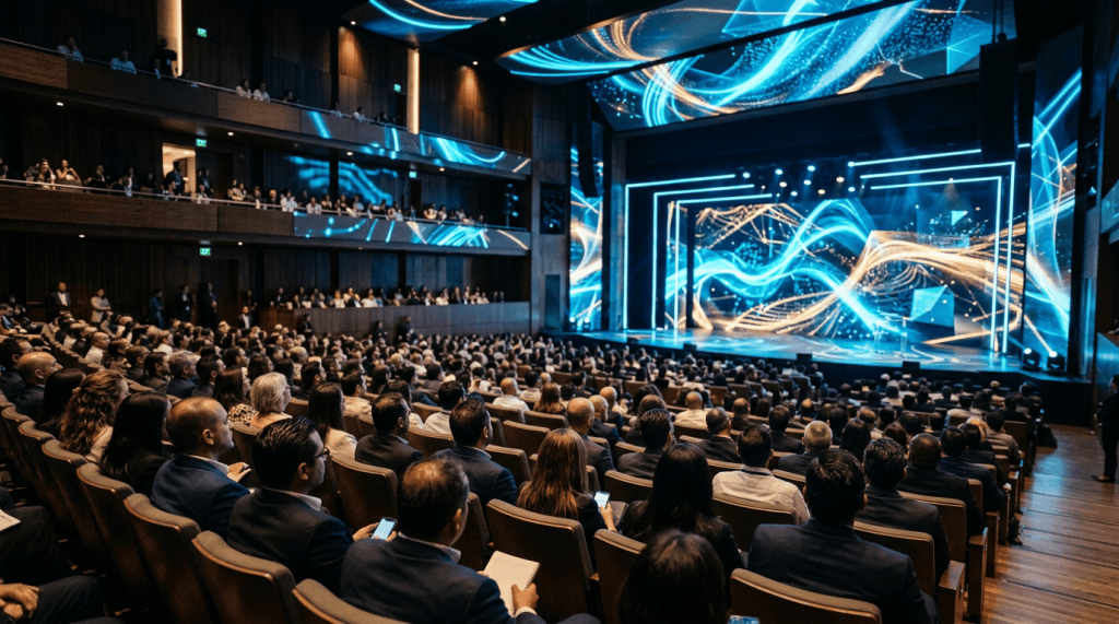 Audience watching a technology conference on a brightly lit digital stage