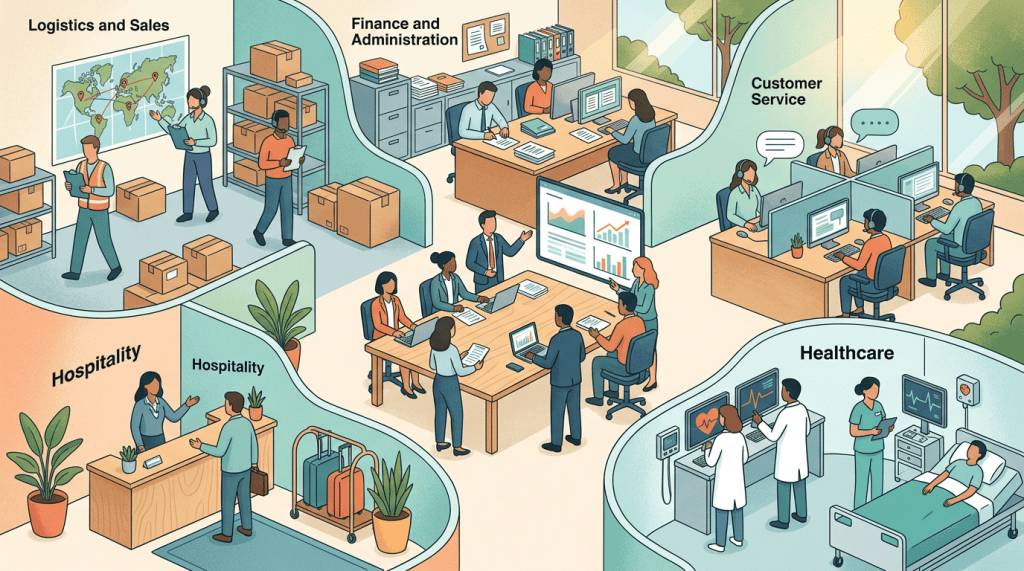Illustration labeled Logistics and Sales, Finance and Administration, Customer Service, Hospitality, and Healthcare