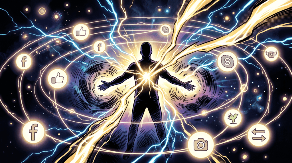 Silhouette surrounded by lightning, orbiting social media and sharing icons