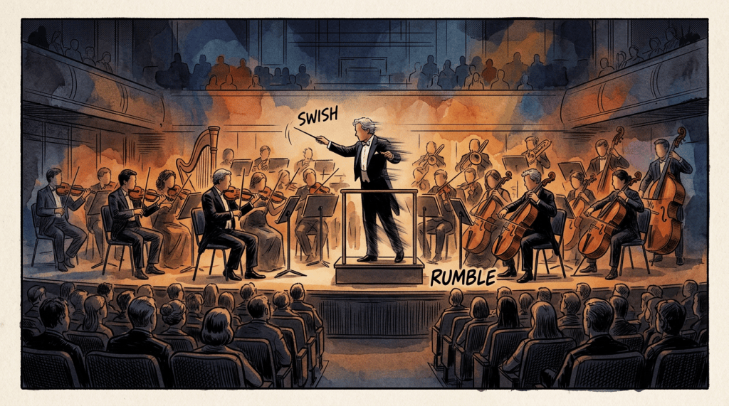 Conductor leading an orchestra with seated audience and musical sound effects