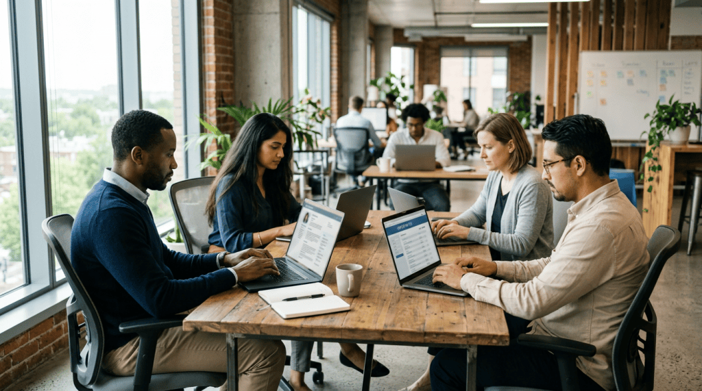 Four coworkers collaborating with laptops around a wooden office table