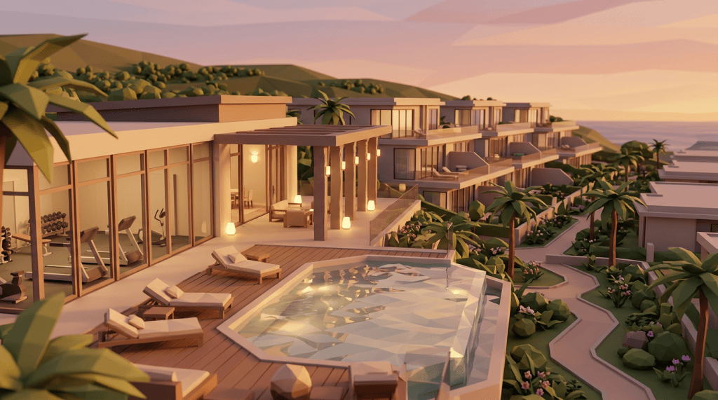 Modern coastal resort with infinity pool, palm trees, and ocean sunset