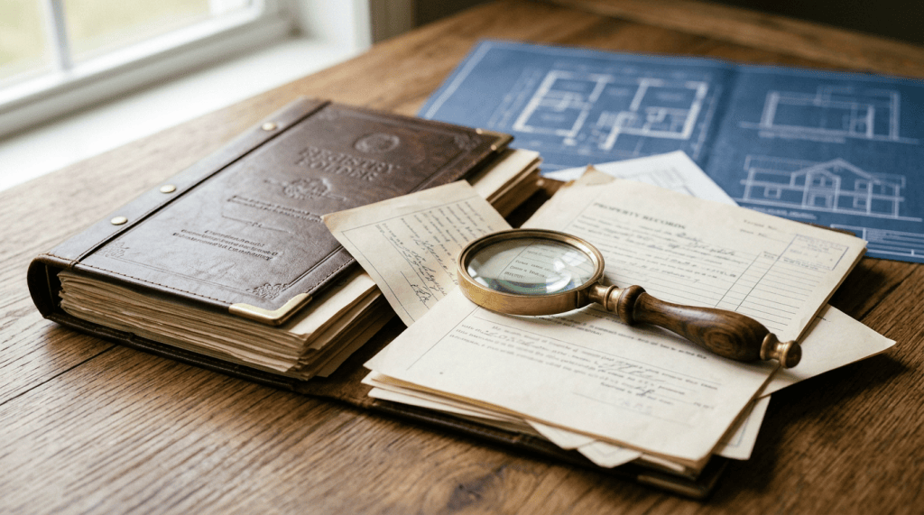 Historic documents and magnifying glass beside architectural blueprints
