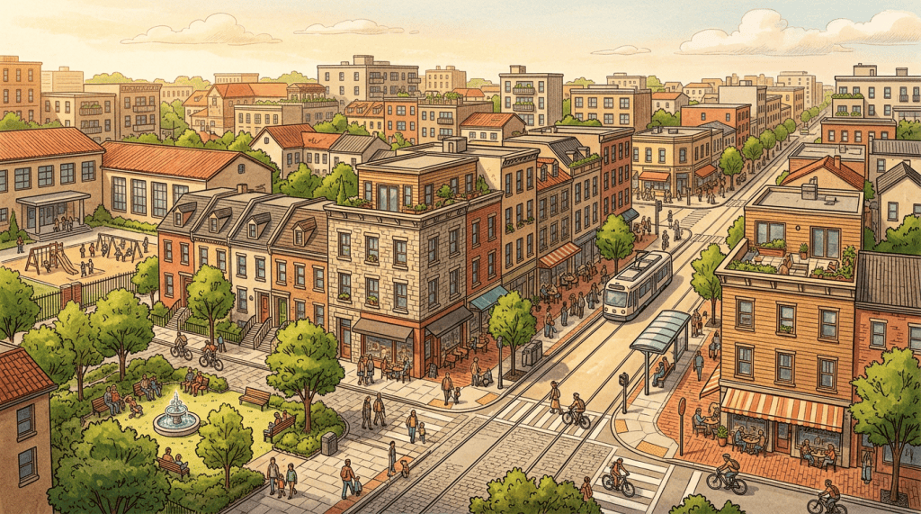 Illustrated urban neighborhood with streetcar, shops, park, pedestrians, and cyclists