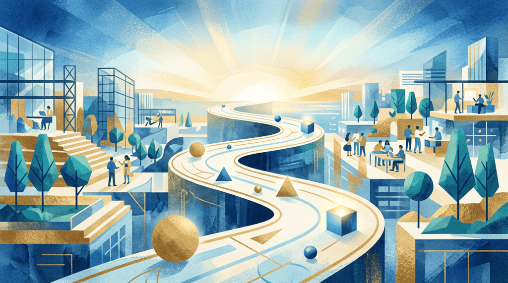 Stylized futuristic city with winding elevated pathways and people