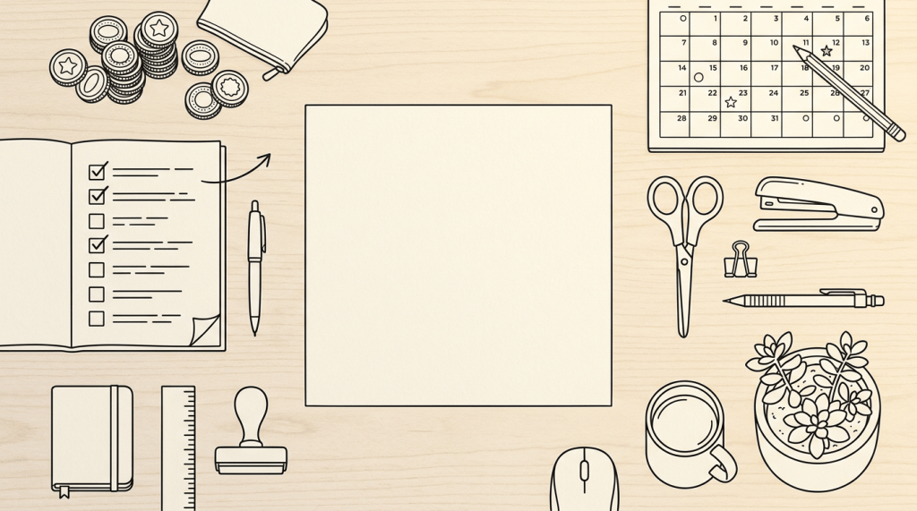 Desk flat lay with blank paper, planner, stationery, calendar, coffee, and plant