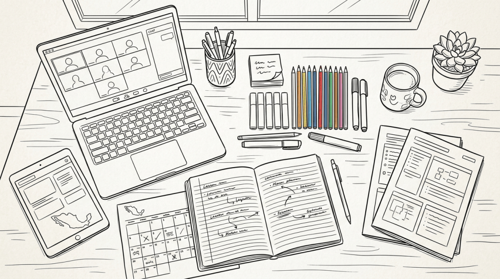 Illustrated desk with laptop, calendar, notebook, stationery, coffee, and plant