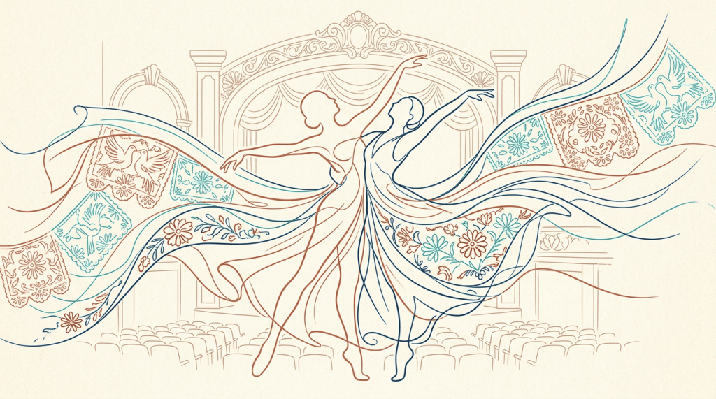 Line-art ballet dancers performing on an ornate theater stage